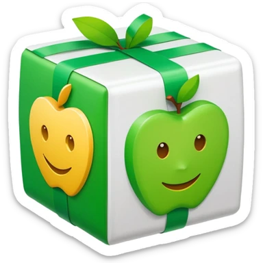 large cube-shaped box completely wrapped in bright green tape, with two white labels on top and front, apple style emoji sticker