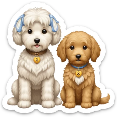 A small white Maltese and a big goldendoodle sitting beside each other  sticker