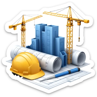 An icon featuring a blueprint, a hard hat, and a measuring tape, symbolizing architecture and construction. The design includes a building silhouette, cranes, and construction tools, representing the planning, design, and building processes. Transparent background. sticker