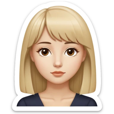 young woman, long straight blonde hair parted in the middle with bangs, almond-shaped brown eyes, brown eyebrows, oval face with a refined jawline, small nose, medium lips, seated sideways, sharp collarbone, profile view, sticker