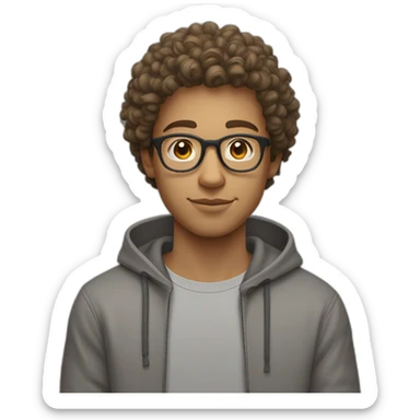 Young guy with curly hair on top a short hair on the side light brown hair and rounded glasses with a grey hoodie on sticker