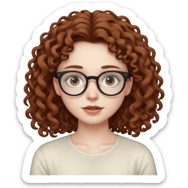 aesthetic white girl with COOL coloured brown, very long curly hair, she wears an offwhite top and her eyes are black , and wears thin small glasses sticker