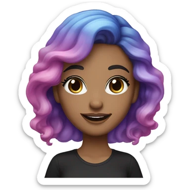 An adult white-skinned woman, with makeup, smiling, face with pink and purple glittery, blue eyes, long wavy ombre hair, ring earrings, black T-shirt. sticker