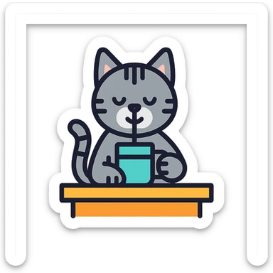A gray striped cat sitting at a table drinking water from a mug sticker