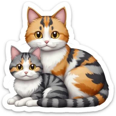 full body colourful light patched calico + white tabby cat cuddling a bigger cat that is dark grey and white tabby cat  sticker
