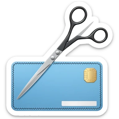 Floating black Scissors cutting a light blue military ID card in 2 parts .hyper realistic sticker