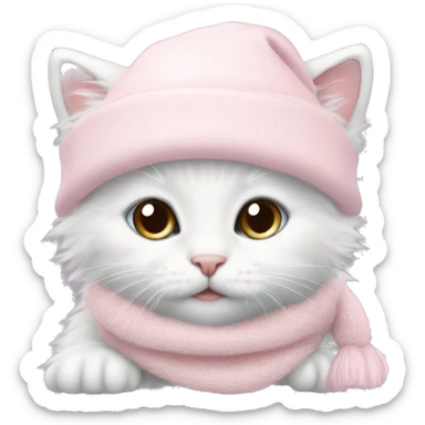 fluffy white winter kitten with pale pink christmas hat and pale pink scarf sticker