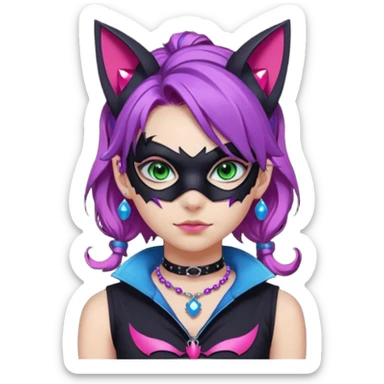 Girl with green eyes, wearing a bat mask with pink stones around her eyes, her hair tied in a ponytail, the hair is purple with blue and pink streaks, with black cat ears with pink stones around, wearing a black shirt that covers the neck, and a sleeveless blue jacket, and a necklace of pink stones sticker