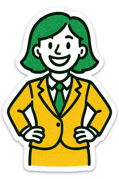 woman in suit, professional style, green gold and white color scheme, bold and clear, suitable for digital use sticker