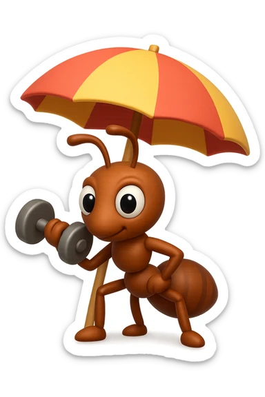 EMOJI STILE IPHONE 3D DI una formica che si allena sotto l'ombrellone in spiaggia con un manubrio da palestra in mano, fagli anche la parte bianca degli occhi, non solo la pupilla sticker