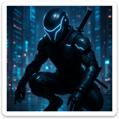 cyber ninja, sleek helmet, neon blue highlights, crouched stance, cityscape background sticker