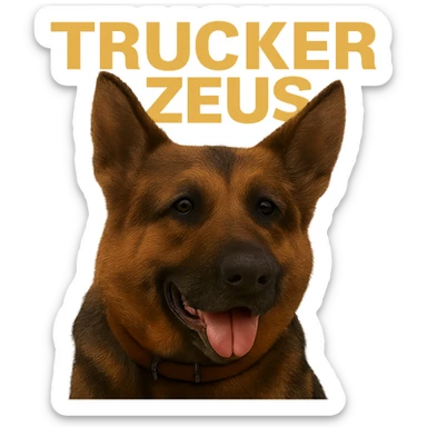 Convert the image to JPEG format with a white background if transparency is not supported. Keep the realistic German Shepherd and yellow 'Trucker Zeus' text. Maximize compression for smallest file size. sticker