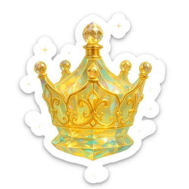 premium class crystal elixir bottle in the shape of a crown, pastel gradient of yellow, orange, and green colors, lots of glowing effects, facets, ornaments, golden details, magical effects, very small golden neck, transparent background, beautiful merging base, clearly floating in the air, no base or shadow, very luxurious, interesting design fitting a collection sticker