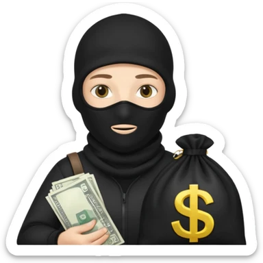 создай реалистичного белого украинца в черное одежде и черной балаклаве с большим мешком денег с  гербом страны на нем  sticker