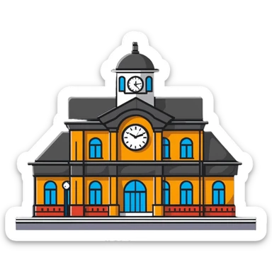 train station building with platforms and clock sticker