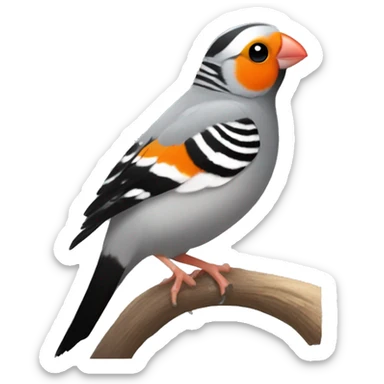 Zebra finch with orange circle cheeks, grey body, white chest, with black tail, black eyes, and orange feet sticker