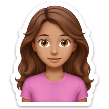 A pretty girl with tan skin and long wavy hair, wearing a pink basic shirt with brown eyes sticker