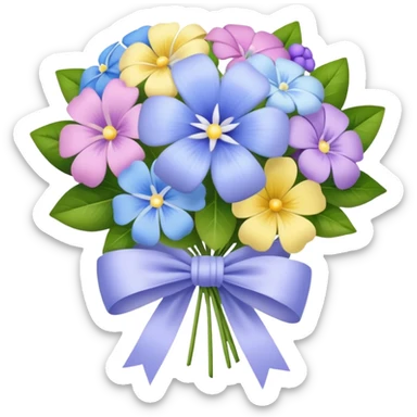 Periwinkle bouquet with assorted pastel flowers, tied with a white bow sticker