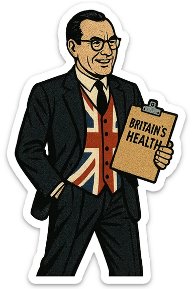 A full body image of a British politician from the 1960s wearing a union jack waistcoat and holding a clipboard with the words 'Britain's Health' written on it. sticker