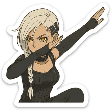 she is dabbing, a closeup portrait of young woman with gold yellow eyes, white hair, long braid, black off-shoulder top d-cup, punk gothic style, futuristic cyberwave cyberpunk, sitting position sticker