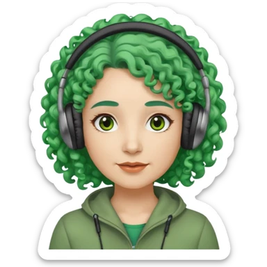 green haired earringed heaphone wearing middle aged woman very very curly long haired and hazel small eyes sticker