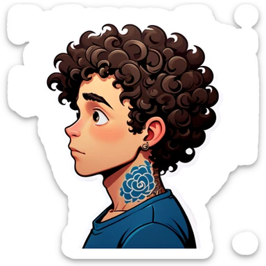 Boy with curly hair and neck tattoo sticker