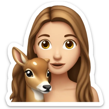 white girl with long brown hair holding a fawn deer sticker