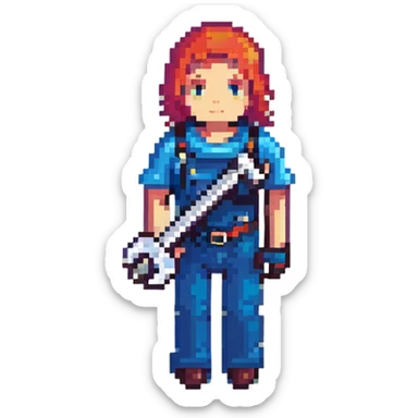 Rounded rectangle badge with pixel art person holding car wrench key, technical colorful IT design sticker