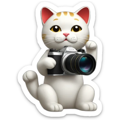 maneki neko with a camera between the legs and the arm up sticker