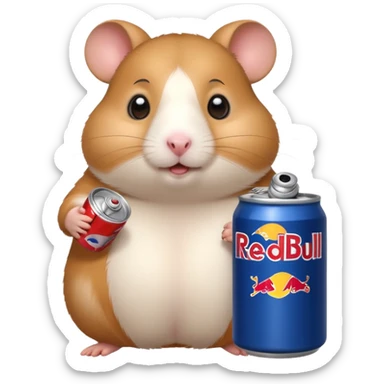 Funny cartoon-style fat hamster wide eyed with a can of redbull sticker