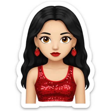 Jade from Bratz with long black hair, light skin, brown eyes, red sequin crop top sticker