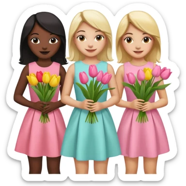 5 girls at a garden party wearing pastel dresses and holding tulips, one is black one is blond, one is asian, one is latina sticker