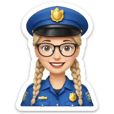 happy white woman police with braided hair wearing hat, glasses  sticker