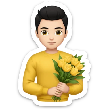 a pretty bratz guy carrying a bouquet and a yellow sweater. Muscled. black hair sticker