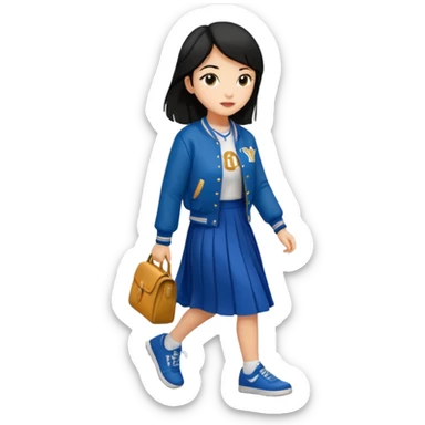 black color long hair girl with varsity jacket and long skirt walking  sticker