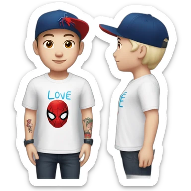 white-skinned boy, with a spiderman t-shirt, a tattoo on his neck that says love in Chinese, who has a black cap with a redbull logo, and with a ring in his eyebrow sticker
