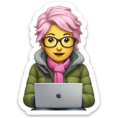 Middle aged woman with pink Hair with Grey laptop and skis sticker