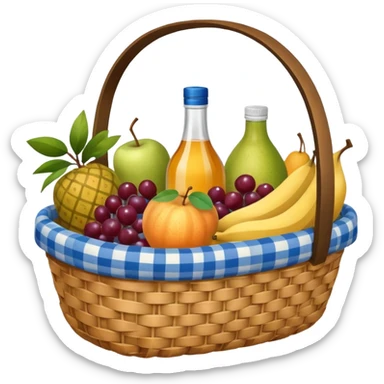 blue plaid lining basket with both food, drink and fruits sticker