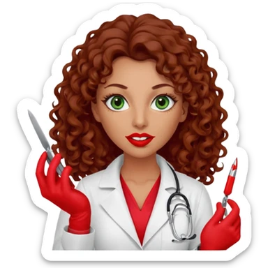 Lilith symbol sexy evil woman. She has green eyes.  had brown long curly hair.  evil surgeon kills with scalpel wears red sexy doctor coat with red mouth cover red gloves. Covers nose, neck  and mouth with Muslim red berka sticker