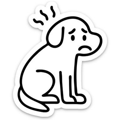 Anxious dog with worried expression, tail between legs, and stress lines sticker