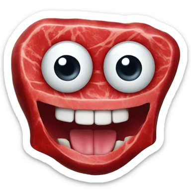 a giant red raw steak with a hyperrealistic teethy smile and two big eyes sticker