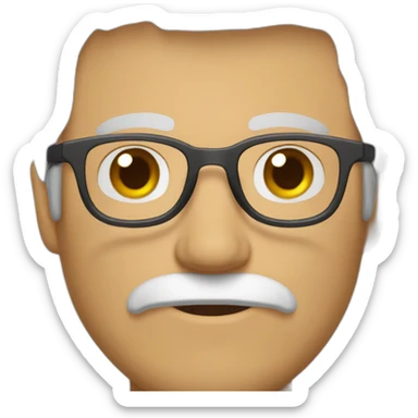 white guy tainted gray hair, brown eyebrows, mid 20s, light gray retangular glasses, growing brown mustache sticker
