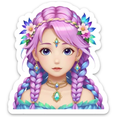Beautiful gorgeous anime lady with beautiful iridescent-nebula-braided-hair, fashion aesthetic, ethereal, fairycore, pastelcore, feather, flowers, gems, accessories, jewelries, gold, colorful sticker