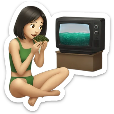 Girl watching television eating toasted seaweed sticker
