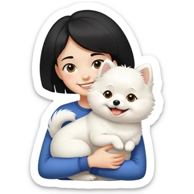 A black short-haired girl happily hugs a white Pomeranian sticker