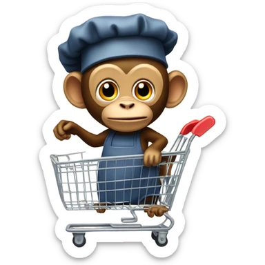 a monkey with a chefs hat holding a shopping cart sticker