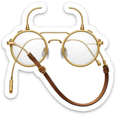 Circular brass wire frame spectacles with leather side straps and adjustable metal bridge connected to curved temple hooks transparent sticker