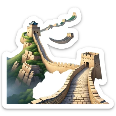 Cinematic Realistic Great Wall of China Landmark Emoji, depicted with ancient stone pathways winding over rugged mountains, watchtowers punctuating the misty landscape, and soft golden sunlight casting dramatic shadows. sticker