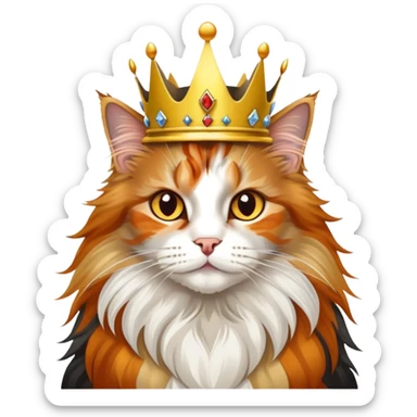 calico maine coon cat with orange, black and white patches wearing a golden crown sticker