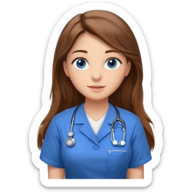 inside a classroom at university that says nursing school on the board with a pretty female nursing student with long brown hair, blue eyes sticker